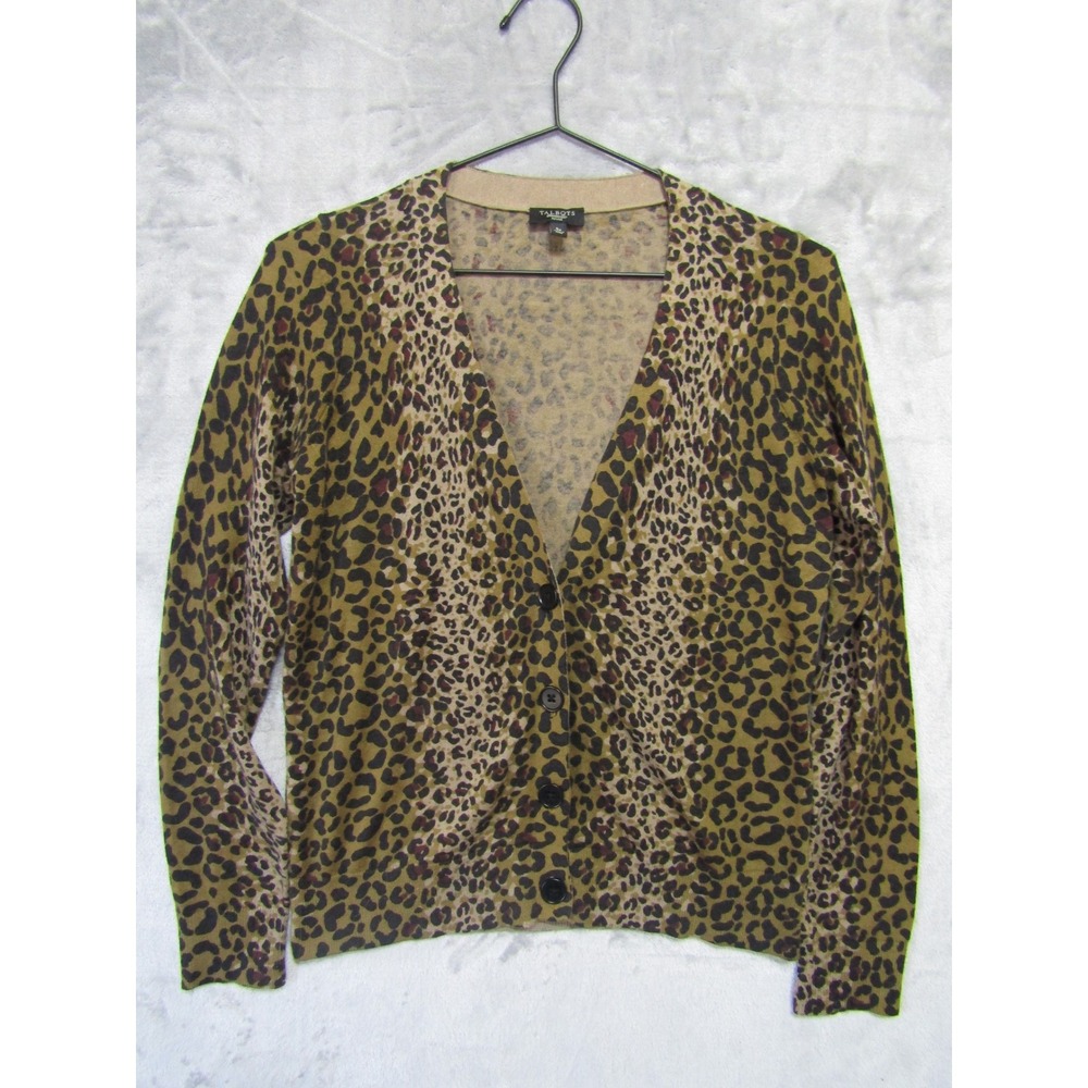 Talbots Leopard Print Cardigan Women Brown Animal Print Wool Blend V-Neck